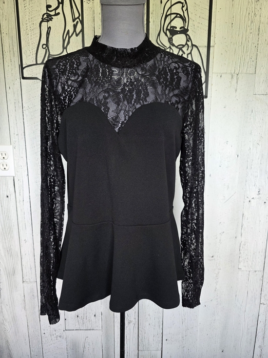 Revamped Tops - Revamped Black Lace Peplum Top Mock Neck Sweetheart Blouse Est. XL